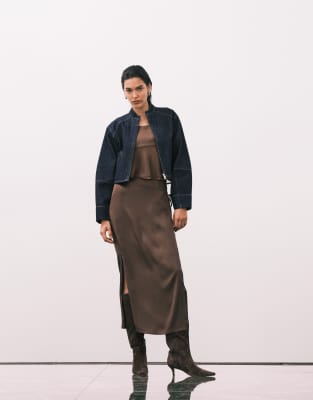 Asos Design Satin Wrap Co-ord Skirt In Brown