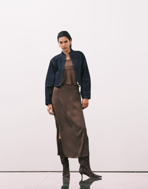 ASOS DESIGN satin wrap co-ord skirt in brown - view 1