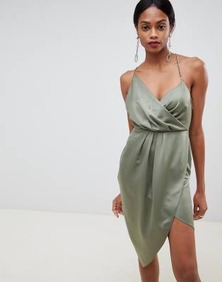 khaki satin wrap dress