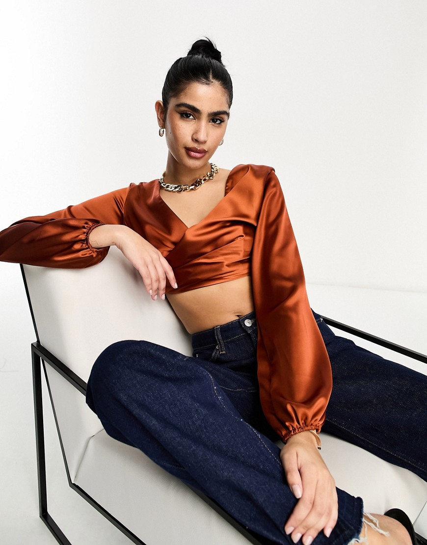 ASOS DESIGN satin wrap front blouse in rust - part of a set-Brown
