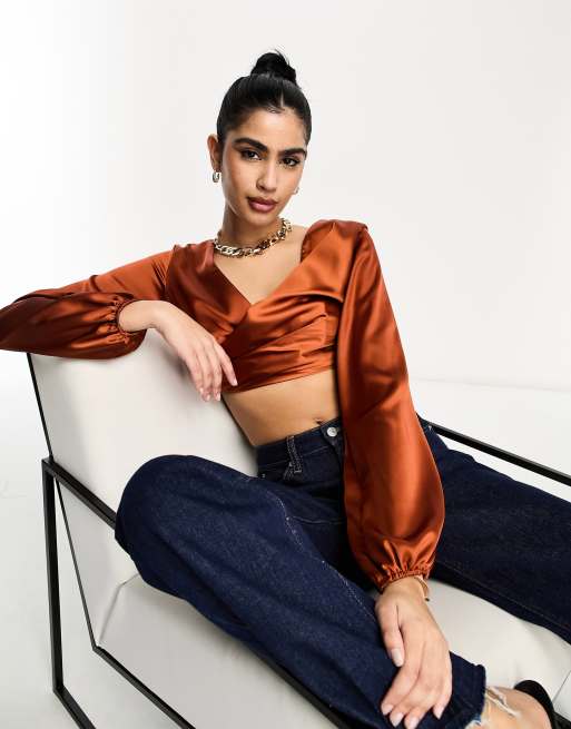 ASOS DESIGN satin wrap front blouse in rust - part of a set | ASOS