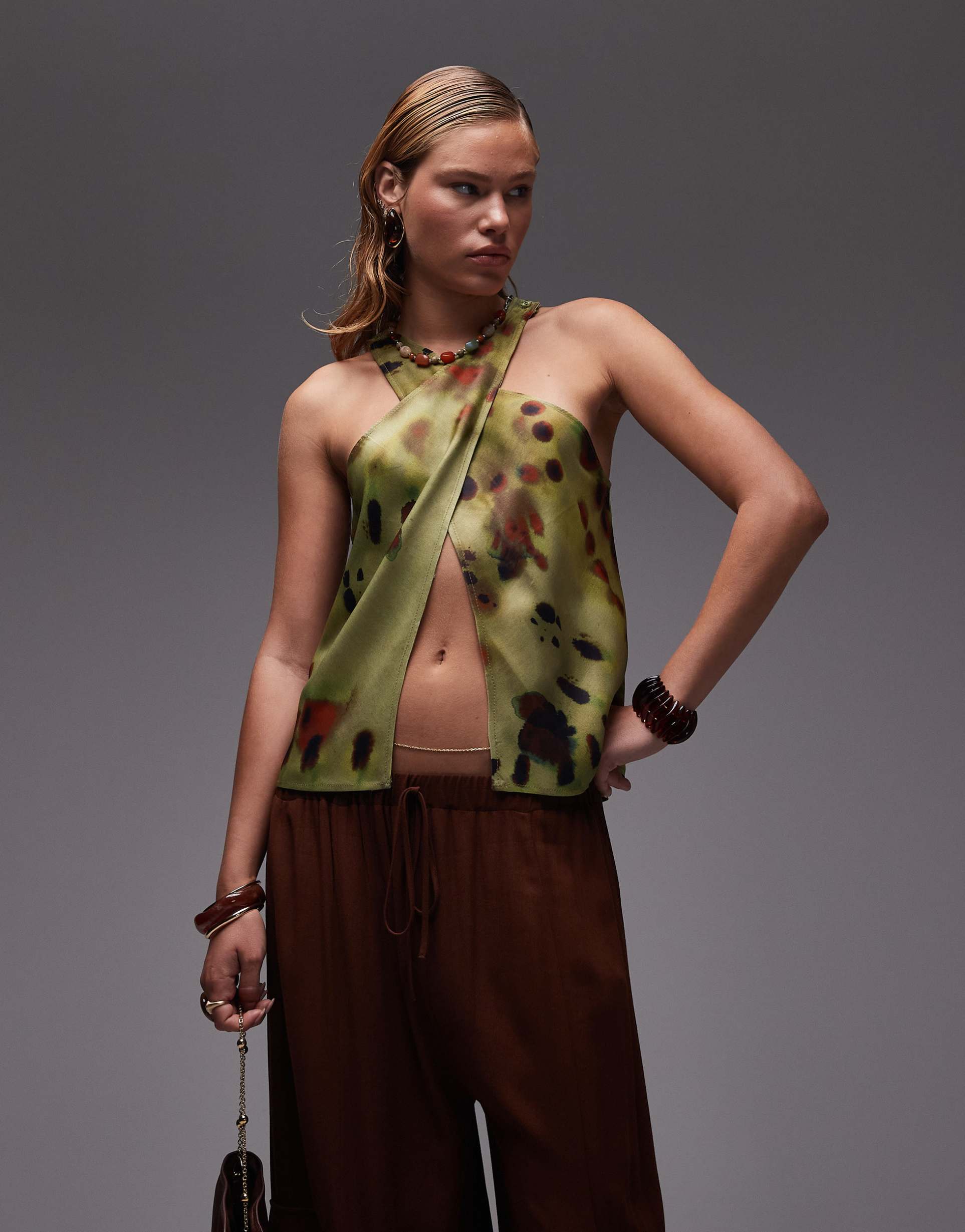 asos design satin wrap front halter top in green tie dye print