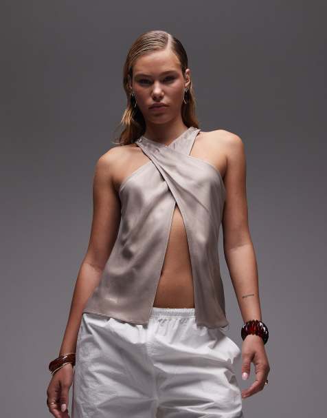 ASOS DESIGN satin wrap front halter top in mushroom - view 1