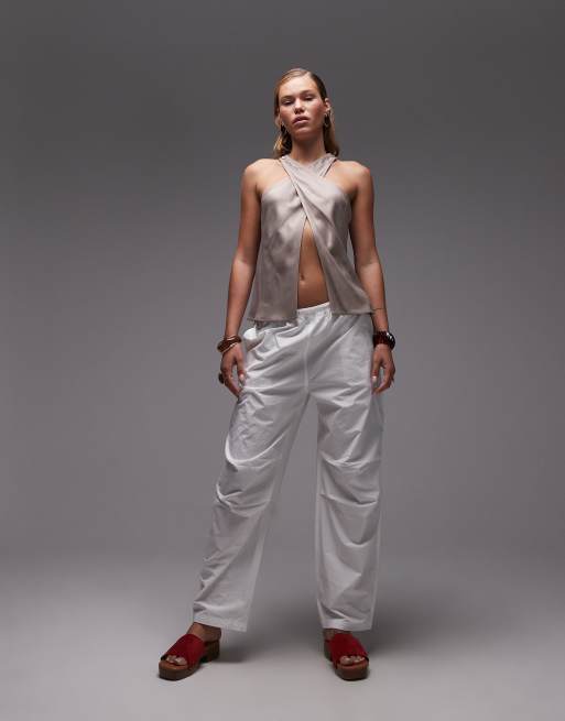 ASOS DESIGN satin wrap front halter top in mushroom, 3 of 4