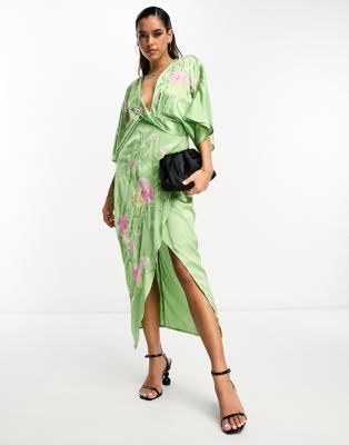 ASOS DESIGN satin wrap front kimono sleeve embroidered midi dress in green