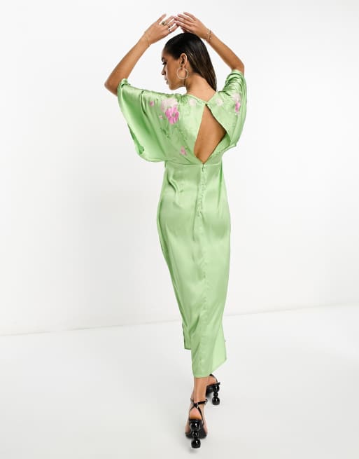 ASOS DESIGN satin wrap front kimono sleeve embroidered midi dress in green