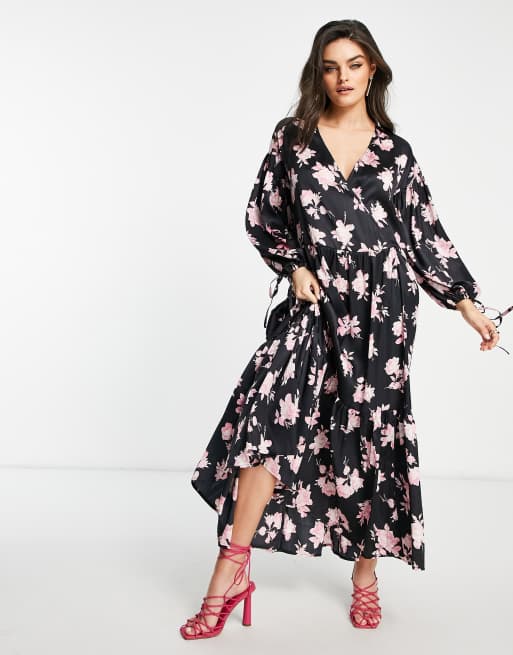 ASOS DESIGN satin wrap front smock maxi dress in pink rose floral | ASOS