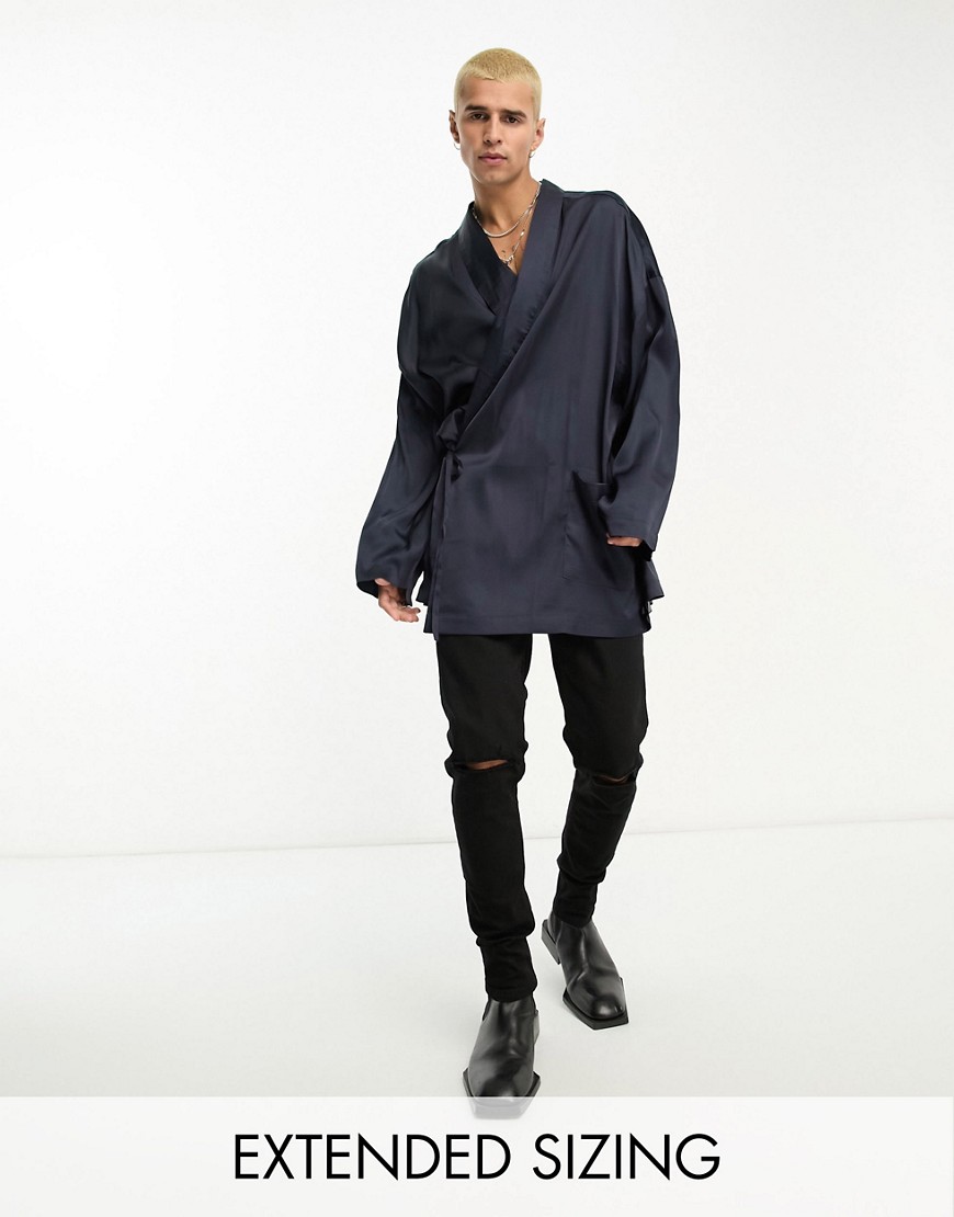 Asos Design Satin Wrap Kimono In Navy-black