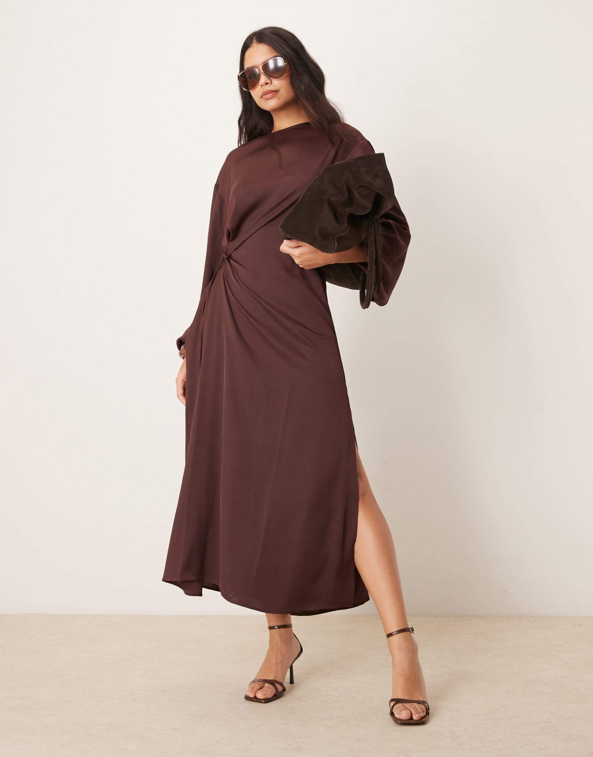 asos design satin wrap maxi dress in aubergine