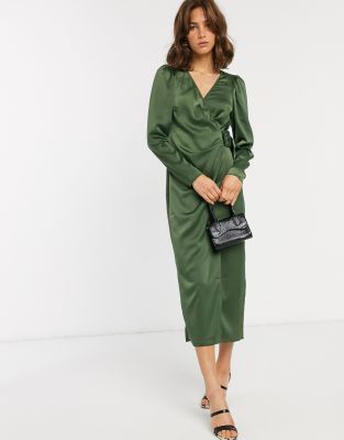 ASOS DESIGN satin wrap maxi dress with buckle belt-Green