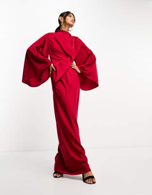 Red Satin Drape Detail Maxi Dress