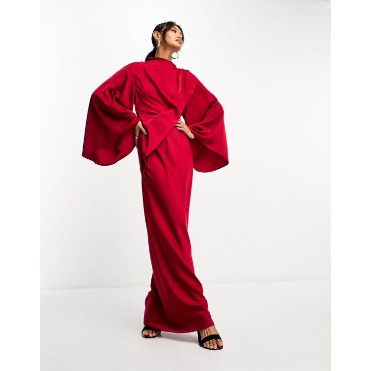 Red satin tie cheap front kimono sleeve playsuit