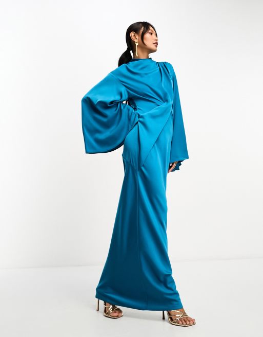 ASOS DESIGN satin wrap maxi dress with drape bodice and kimono sleeve ...