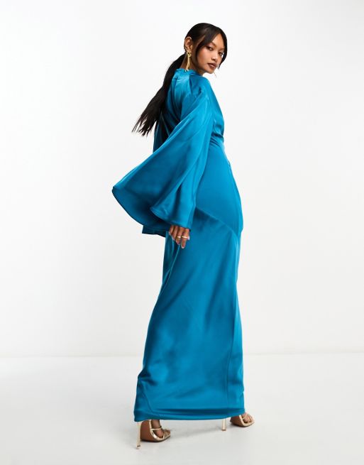 ASOS DESIGN satin wrap maxi dress with drape bodice and kimono sleeve in  ink blue