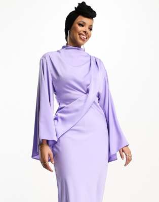 ASOS DESIGN satin wrap maxi dress with drape bodice and kimono sleeve in  lilac | ASOS