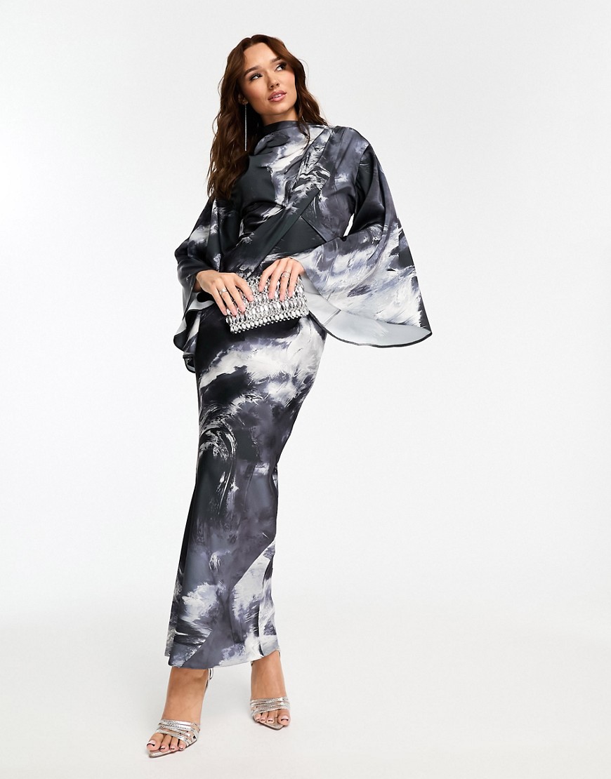 ASOS DESIGN satin wrap maxi dress with drape bodice and kimono sleeve in mono abstract print-Multi