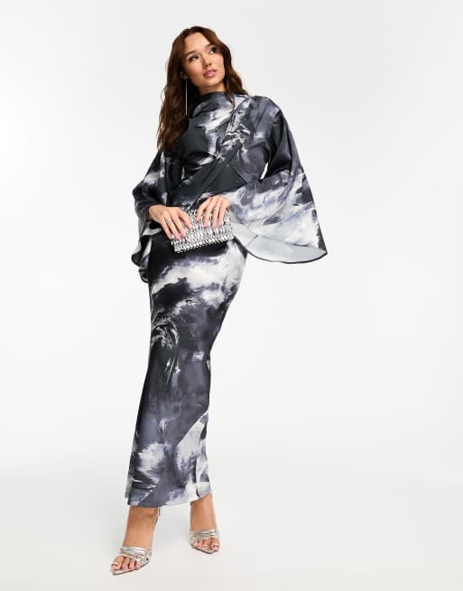 ASOS DESIGN satin wrap maxi dress with drape bodice and kimono sleeve in mono abstract print