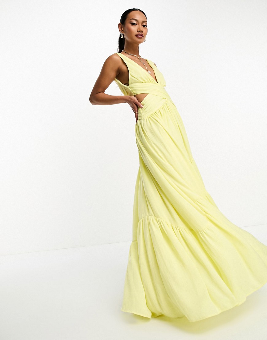 Asos Design Satin Wrap Maxi Dress With Hi Low Hem In Lemon Yellow