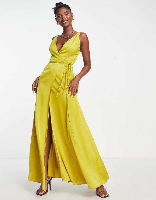 ASOS DESIGN satin wrap maxi dress with self tie waist in gold