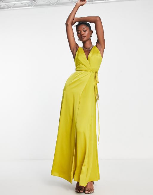 ASOS DESIGN satin cowl neck maxi dress with ruching detail in gold