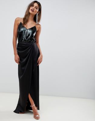 black satin wrap maxi dress