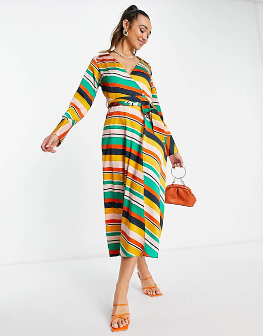 ASOS DESIGN satin wrap midi dress with collar in bright multi stripe