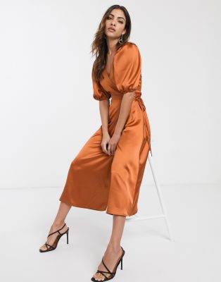 khaki satin wrap dress