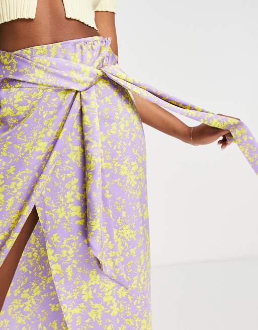 ASOS DESIGN satin wrap midi skirt in lilac with yellow floral