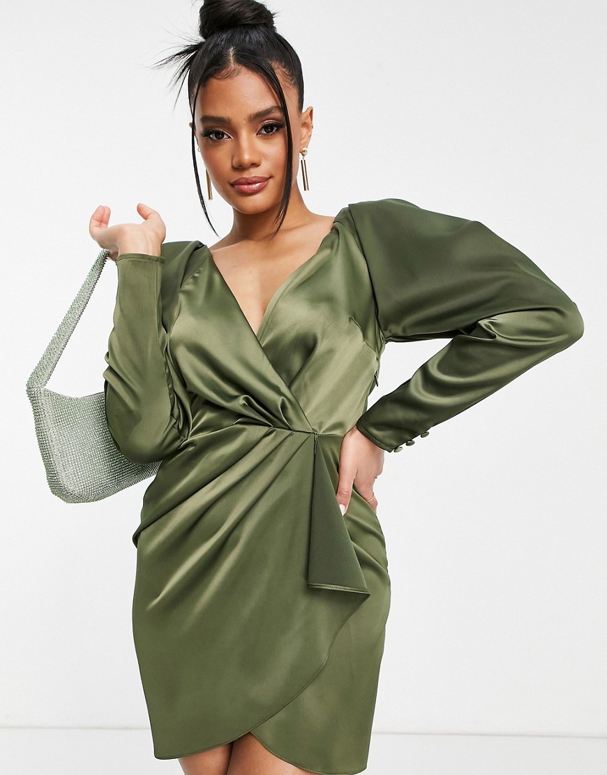 ASOS DESIGN satin wrap mini dress in khaki-Green