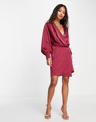 Long Sleeve Satin Mini Wrap Dress in Burgundy