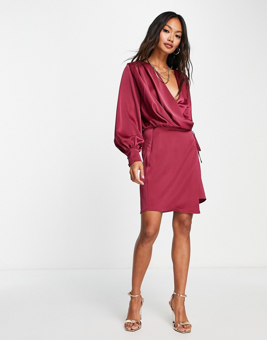 ASOS DESIGN satin wrap mini dress with tie detail in wine-Red