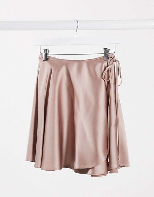 ASOS DESIGN satin wrap mini skirt in blush pink