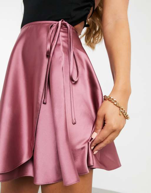 ASOS DESIGN satin wrap mini skirt in soft rose