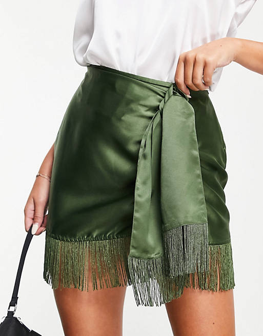 ASOS DESIGN satin wrap mini skirt with fringe detail in khaki