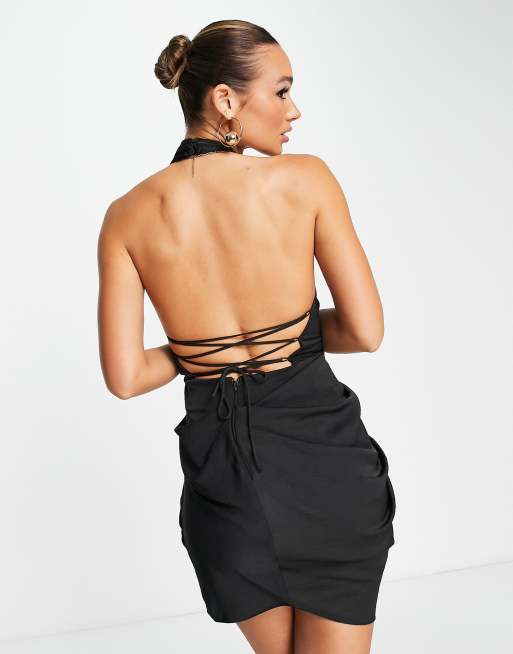 ASOS DESIGN satin wrap neck drape mini dress in soft washed twill in black , 2 of 4