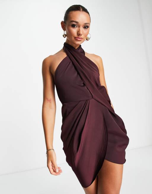 ASOS DESIGN Satin wrap neck drape mini dress in soft washed twill