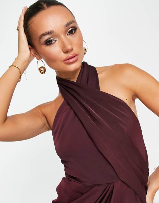 ASOS DESIGN Satin wrap neck drape mini dress in soft washed twill in wine