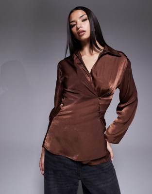 Asos Design Satin Wrap-over Shirt In Brown