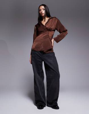 Asos Design Satin Wrap-over Shirt In Brown