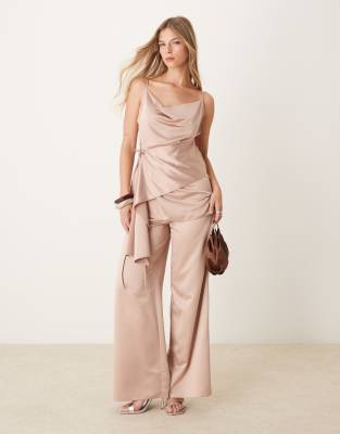 ASOS DESIGN satin wrap over top and trouser co-ord in taupe - view 1