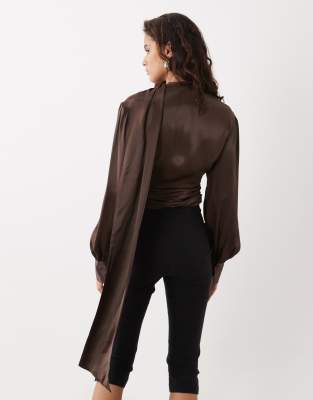 Asos Design Satin Wrap Scarf Blouse In Brown