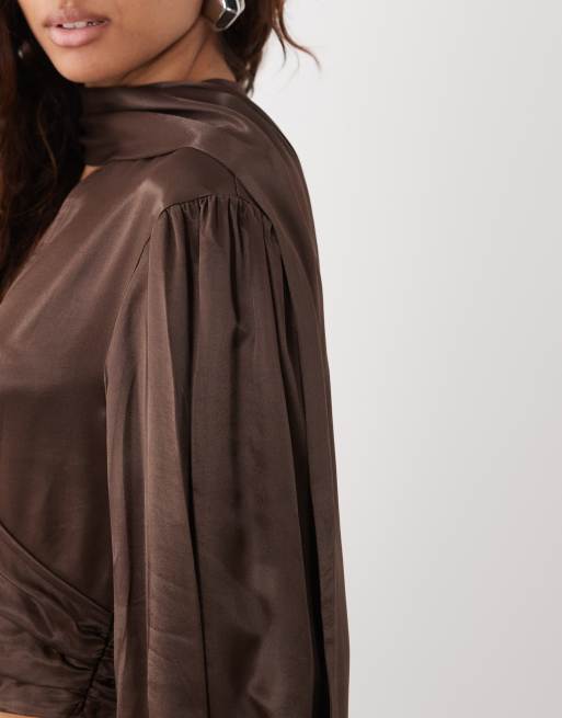 ASOS DESIGN satin wrap scarf blouse in chocolate, 3 of 4