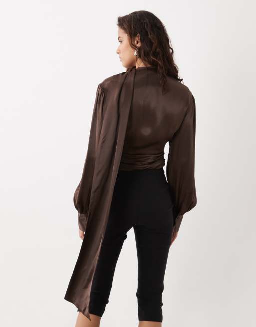 ASOS DESIGN satin wrap scarf blouse in chocolate, 4 of 4