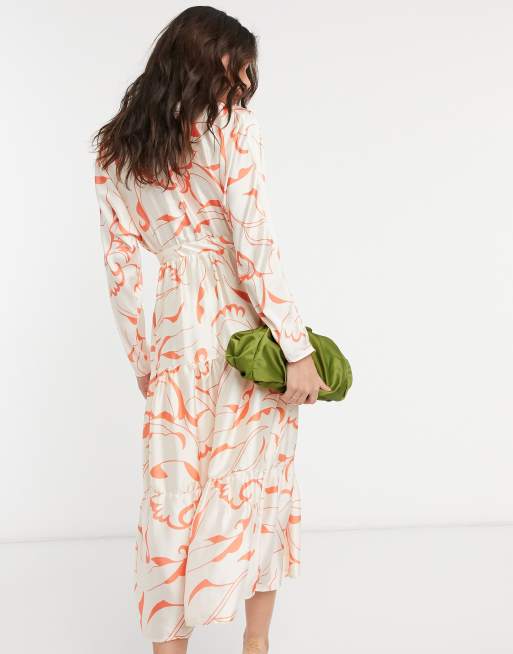 ASOS DESIGN satin wrap tiered maxi dress in abstract print, 2 of 4
