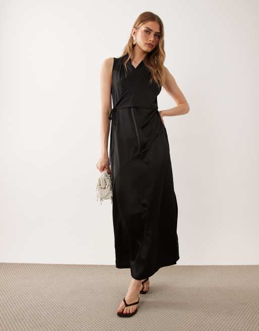 black satin wrap dress - Satin Dress - Long Sleeve Mini Dress coverage surplice neckline and medium flutter sleeves for modest Long Sleeve Satin Wrap Dress
