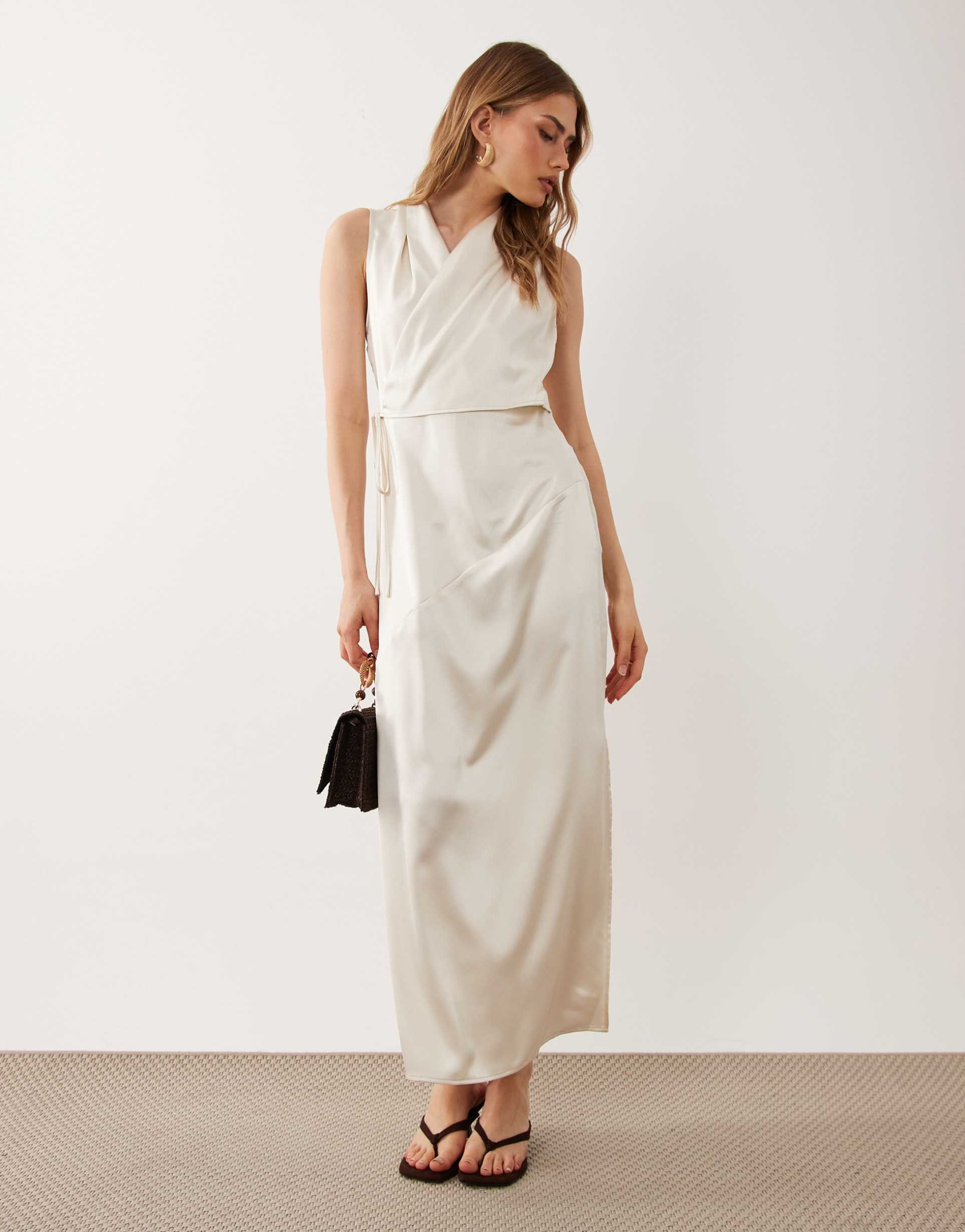 asos design satin wrap top midaxi dress in cream
