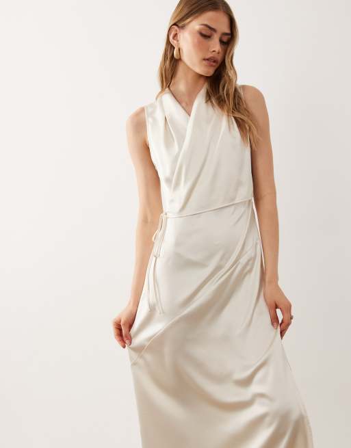 ASOS DESIGN satin wrap top midi dress in cream, 3 of 4