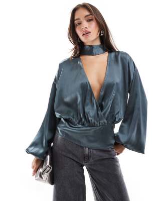 satin wrap top with choker detail in gray-Multi