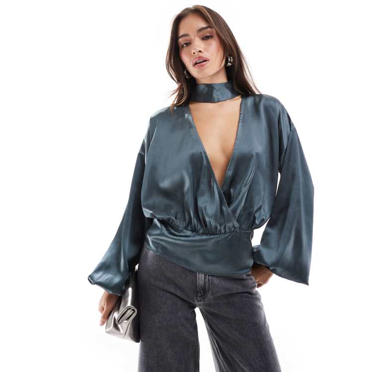 ASOS DESIGN satin wrap top with choker detail in gray | ASOS