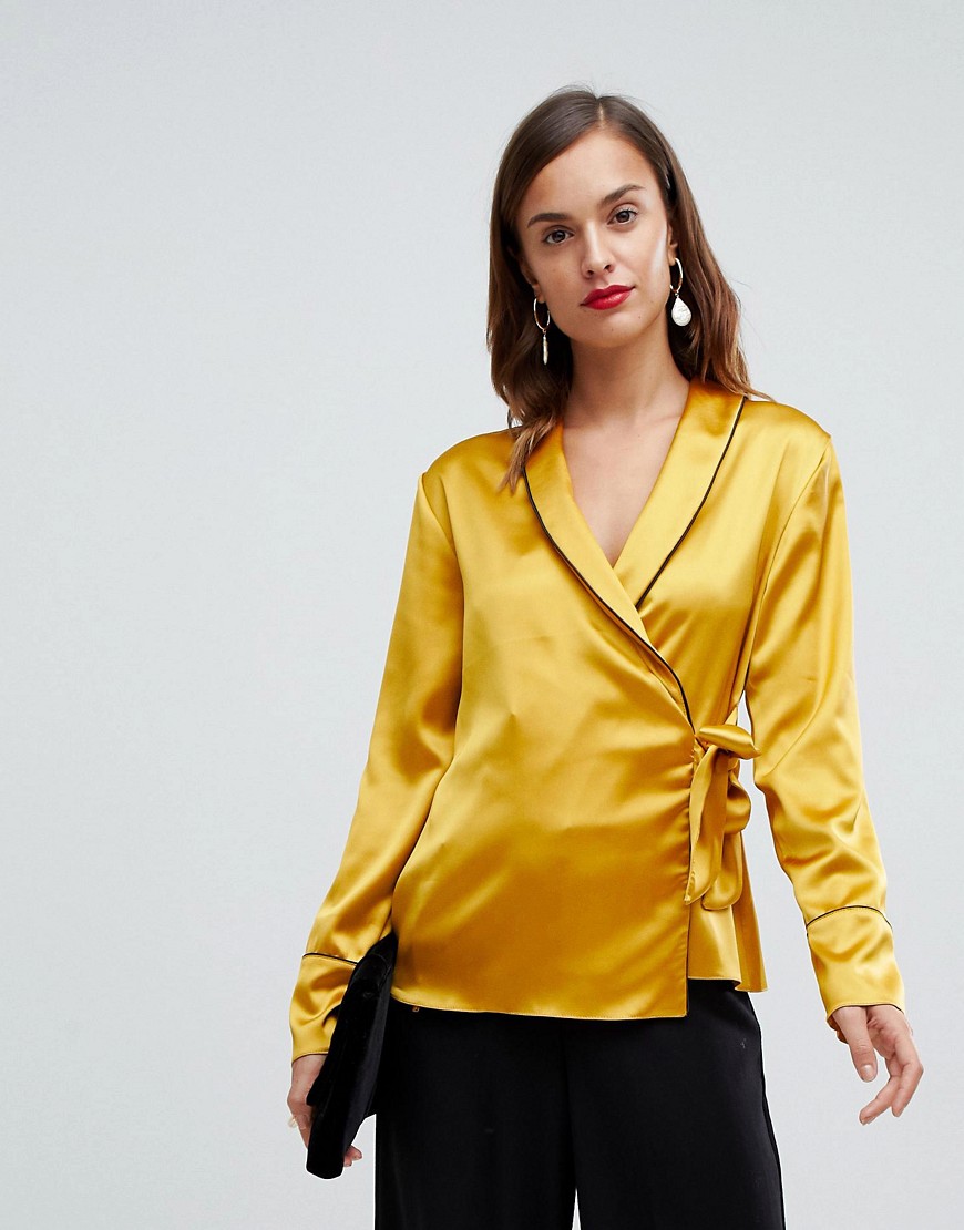 ASOS DESIGN satin wrap top with piping detail and long sleeves-Yellow